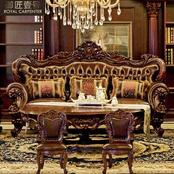 Классический американский кожаный диван в сочетании с большой роскошной гостиной европейского стиля из массива дерева