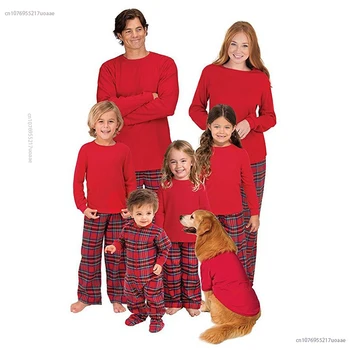 Семейный Рождественский Пижамный комплект, Одинаковая одежда для мамы и Дочки, Красная футболка, Топы, Клетчатые брюки, Одежда для папы и детей, Семейная одежда