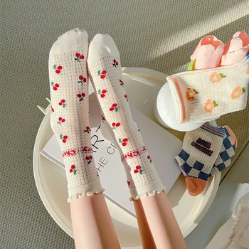 Женские носки Sweet Flower, Тонкие хлопчатобумажные носки Lolita Cherry, Длинные носки для женщин Calcetines mujer Medias