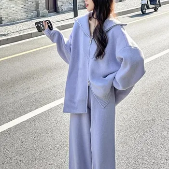 Модный домашний костюм для отдыха, свитер в Корейском ленивом стиле, брюки, женские весенне-осенние Свободные широкие длинные брюки, вязаный комплект из двух предметов