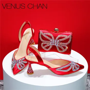 Популярные в Нигерии Новые элегантные босоножки на массивном каблуке красного цвета для простых и универсальных изысканных вечеринок в комплекте с обувью и сумкой