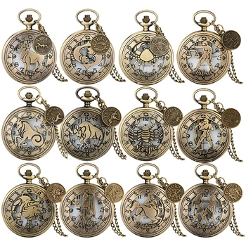 Старинные Бронзовые Двенадцать Созвездий Кварцевое Ожерелье Карманные Часы Кулон Часы Мужчины Женщины Коллекционные Подарки На День Рождения