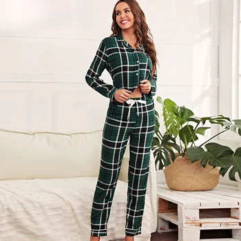 Пижамный комплект для домашнего обслуживания, повседневный пижамный комплект с длинными рукавами и отворотами с зеленым принтом, удобный и модный Ru*