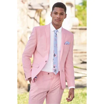 Летний мужской костюм Новый Розовый Модный пляжный повседневный Мужской блейзер с отворотом на одной пуговице, 2 предмета, Свадебный Смокинг Жениха, куртка и брюки 2024