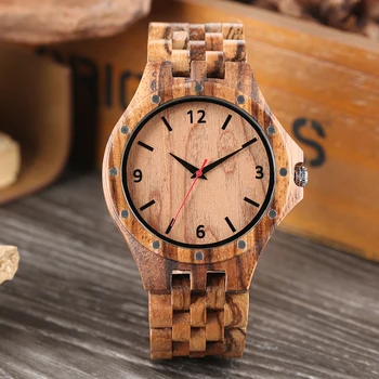 Полностью деревянные мужские кварцевые наручные часы с натуральными стильными красными секундами и арабскими цифрами на циферблате Повседневные мужские часы в стиле ретро из дерева Зебра