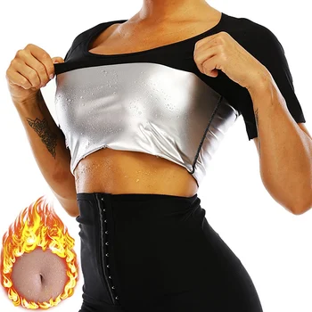 Женский облегающий костюм для фитнеса-сауны С коротким рукавом, топы для тренировок с высокой компрессией, повышающие потоотделение, Моделирующие фигуру, контролирующие животик, Спортивная футболка