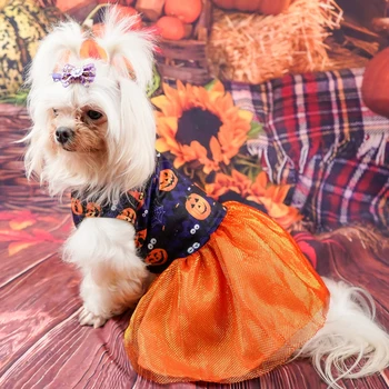 Платье для собаки, праздничный костюм на Хэллоуин, платье для щенка, юбка с принтом тыквенной головы, одежда для косплея домашних животных для Йорки Чихуахуа