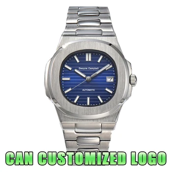 43,3 мм Модные часы из нержавеющей стали с логотипом на заказ, роскошные Автоматические механические серебристые мужские часы Со светящимся циферблатом