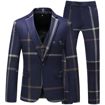 Куртка, жилет, Брюки 2024, высококачественные мужские костюмы, модная сетка, приталенный деловой костюм для жениха, свадебные клетчатые блейзеры, пальто, комплекты из 3 предметов