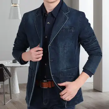 Популярный костюм, пальто, верхняя одежда с отложным воротником, джинсовый блейзер, приталенная джинсовая куртка чистого цвета