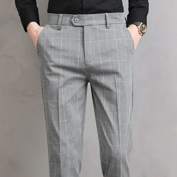 Летние Черные брюки в клетку, мужская одежда, Офисные Официальные брюки для мужчин, Тонкий мужской костюм в корейском стиле Regular Fit, мода 2024 года