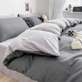 Выстиранные хлопчатобумажные однотонные постельные принадлежности из четырех частей, японские простые шлифовальные простыни, стеганое одеяло