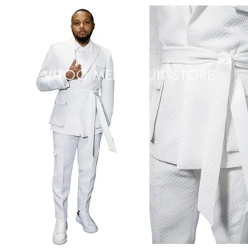 Воздушные хлопчатобумажные ткани, Белые мужские костюмы с поясом, свободные, 2 предмета, Теплая зима Для свадьбы, выпускного вечера, Повседневная мужская одежда / Блейзер + брюки