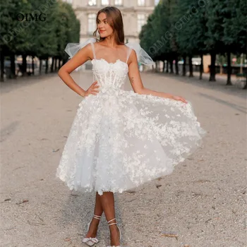 OIMG Короткие пышные платья Princess Blossom без рукавов с 3D цветочной вышивкой из тюля Миди с квадратным вырезом Свадебное платье феи