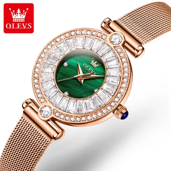 OLEVS Роскошные кварцевые часы с бриллиантами для женщин, элегантное платье, Аналоговые кварцевые часы с сетчатым поясом из нержавеющей стали, водонепроницаемые наручные часы