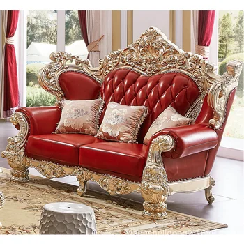Европейский кожаный диван комбинированный из массива дерева с двусторонней резьбой, вилла, паста из песочного золота, сусальное золото, красный слой кожи, мебель из воловьей кожи