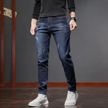 Уличные эластичные Мягкие мужские джинсы Slim Fit, теплые Удобные Универсальные Прямые брюки с промежностью, флисовая подкладка, повседневные длинные брюки