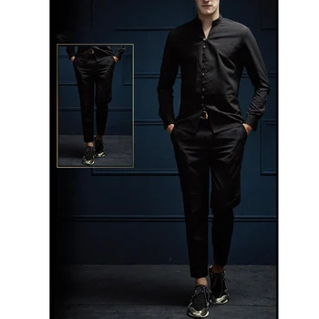 Новые летние мужские костюмы с черным воротником стойкой, однобортный мужской костюм из хлопка и льна, модный и приталенный блейзер-брюки из 2 частей 2023