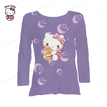 Новая элегантная женская футболка с мультяшным принтом и длинным рукавом, женская повседневная уличная модная длинная футболка с круглым вырезом Hello Kitty, горячая распродажа