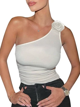 Женская летняя базовая майка без рукавов с открытыми плечами, укороченный топ с цветами, простая повседневная сексуальная эстетичная уличная одежда