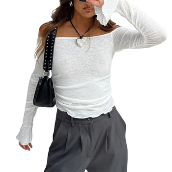 Женские топы, одежда y2k, эстетика 2000-х, однотонная футболка с открытыми плечами, длинным рукавом и рюшами, весенне-осенняя одежда, клубная одежда для вечеринок.