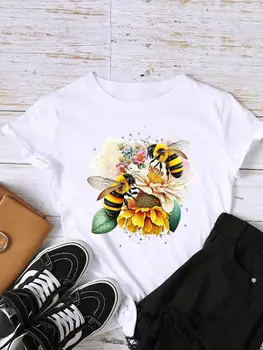 Женская футболка с коротким рукавом, женская футболка с рисунком пчелы и цветка, тренд 90-х, милый топ с принтом, модная одежда с круглым вырезом