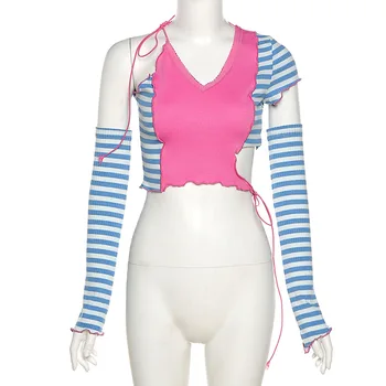 Весенне-летняя женская однотонная модная футболка с V-образным вырезом и короткими рукавами в новом стиле, женская футболка с нерегулярной строчкой, с короткими рукавами