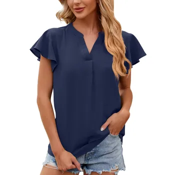 Женская модная футболка С V-образным вырезом и закрытыми плечами, Шифоновая блузка С рукавами, Однотонный Топ, Женская Модная Блузка, Футболка 2023