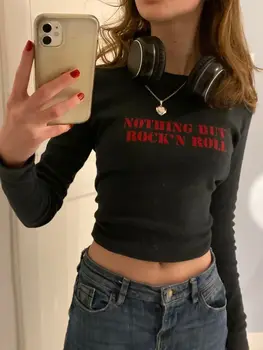 Женская базовая футболка CHEEKDOURL с буквенным принтом, длинными рукавами и круглым вырезом, облегающая всю модную базу