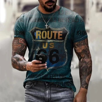 Летняя Мужская Повседневная футболка с круглым вырезом и коротким рукавом с принтом 2023 года, Футболка с 3D-принтом Route 66