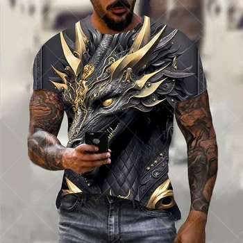 Мужская футболка с 3D принтом дракона, животным рисунком, коротким рукавом, Очень большая уличная футболка, Модные повседневные топы, лето
