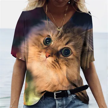 Новая женская футболка Kawaii Cat С 3D принтом, Повседневная футболка С V-образным вырезом и Коротким рукавом, Одежда Для девочек, Негабаритные Свободные Уличные топы