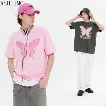 2023 Новые Парные Топы, мужская футболка с принтом Пены с бабочкой и короткими рукавами, INS Корейская Мода, Свободные Повседневные футболки, Y2k, Топ Оверсайз