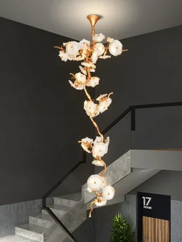 Ретро Лестница в виде листьев Лотоса, Длинная люстра, Роскошная креативная люстра для гостиной дуплексной виллы в скандинавском стиле с высоким потолком из хрусталя