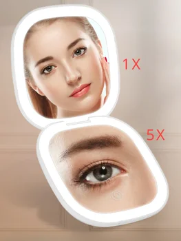 Двустороннее складное портативное зеркало для макияжа с подсветкой со светодиодным 5-кратным увеличением
