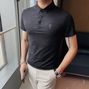 Летние мужские повседневные рубашки поло с высокой эластичностью и коротким рукавом, простая деловая мужская футболка с вышивкой из ледяного шелка Traceless Slim Fit