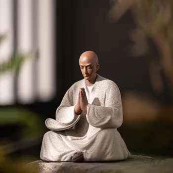 Фиолетовый песок, Молящийся Буддийский монах, Статуя Дзен, Керамические фигурки для медитации, Украшения для чайной церемонии Шами, Чайный Питомец Будда
