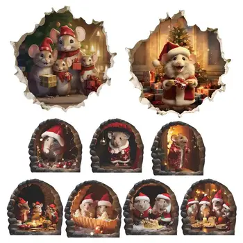 3D Санта-Мышь в мышиной норе, наклейка на стену, Рождественская мышь, Наклейка из ПВХ, Милая сцена с Мышиной норой, Наклейка на окно, Рождественское украшение