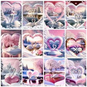 DIY Diamond Painting New Swan Heart Pink Home Decor 5D Полная Алмазная вышивка Снежное Озеро Пейзаж Хрустальное изображение G231