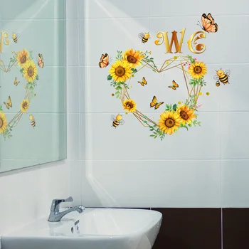 Английский WC Наклейки на стену с подсолнухом и бабочкой, фон для украшения туалета и ванной комнаты, самоклеящиеся наклейки