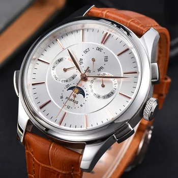 Parnis 44 мм Белый циферблат, автоматические механические мужские часы, индикатор даты, неделя, отображение фазы Луны, Многофункциональные наручные часы для мужчин