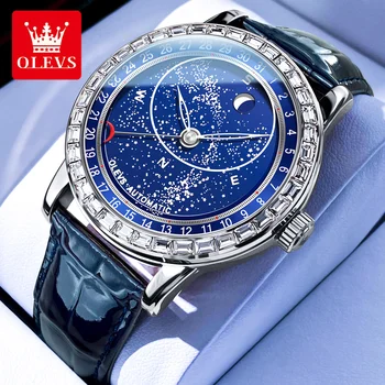 OLEVS 9923 Мужские автоматические механические часы с роскошным бриллиантовым звездным небом, водонепроницаемым светящимся циферблатом, модные мужские часы из синей кожи