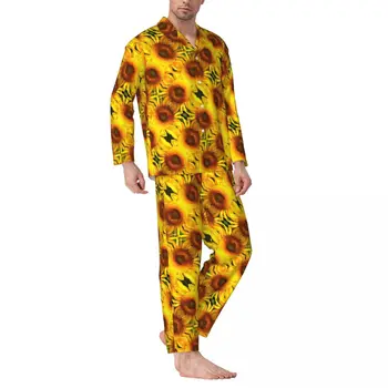 Желтая пижама с подсолнухом, мужская пижама с цветочным принтом, милая пижама для отдыха, осень, 2 предмета, повседневный пижамный комплект с рисунком большого размера