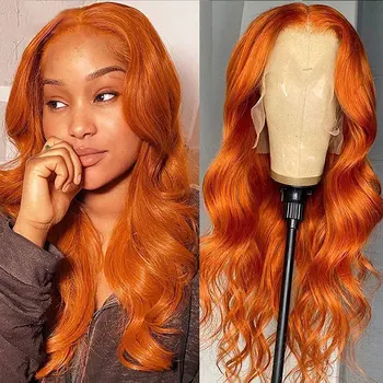 Ярко-оранжевые синтетические волосы на кружеве Парики Бесклеевые Длинные Свободные волны Термостойкое волокно Предварительно Выщипанная Натуральная линия роста волос для женщин