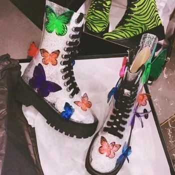 Новинка, Прозрачные ботинки из ПВХ, маффиновый каблук с бабочкой и круглым носком, разноцветные женские туфли для вечеринок, Уникальная обувь на шнуровке