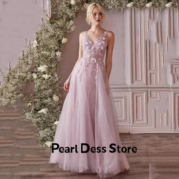 Розовое А-образное платье Vesidos De Noche из тюля без рукавов, Вышитая вручную наклейка на заказ, Бальное платье