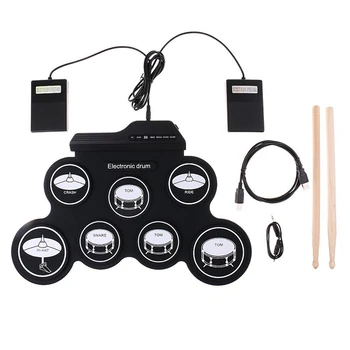 Электронные музыкальные барабаны, ручной рулон, USB-барабан, Черный Силикагелевый набор из 7 накладок с педалью сустейна для барабанных палочек.