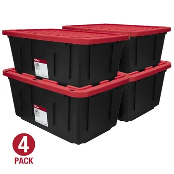 Сверхпрочный пластиковый контейнер для хранения с защелкивающейся крышкой емкостью 27 галлонов, черный с красной крышкой, набор из 4