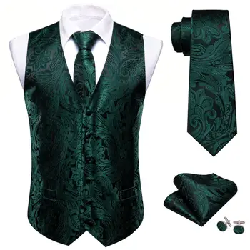 Роскошное платье-жилет для мужчин, расшитое шелком Темно-зеленого цвета, винтажные вечерние костюмы, жилет, комплект с галстуком и носовым платком, куртка без рукавов Barry Wang