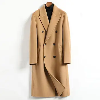 Новое двойное флисовое пальто мужской длины, осенне-зимнее шерстяное пальто для мужчин большого размера, двубортное двойное флисовое пальто до колена